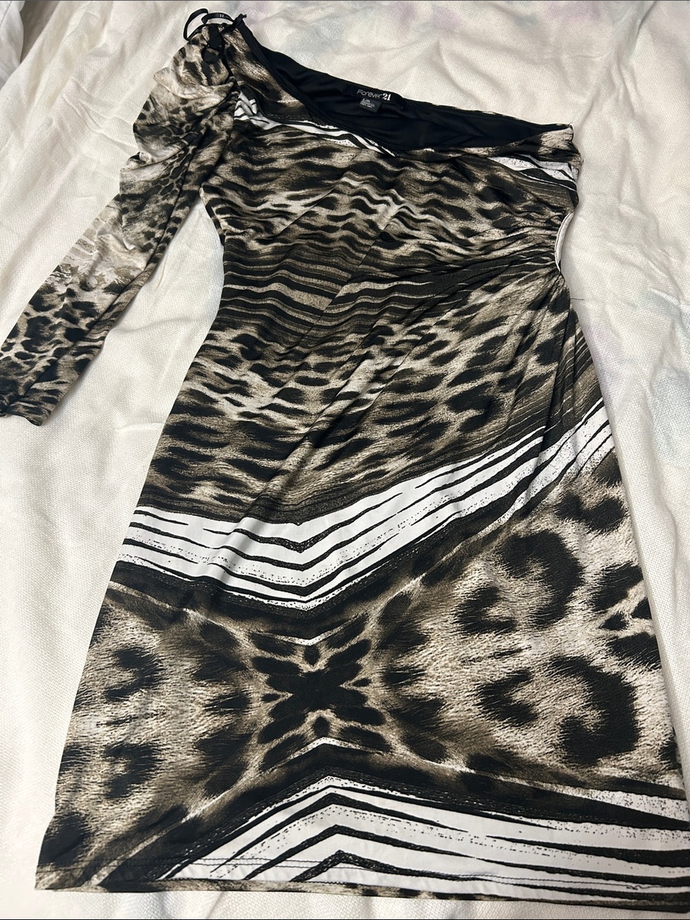 Forever 21 One-Shoulder Animal Print Dress in Brown, Black & White